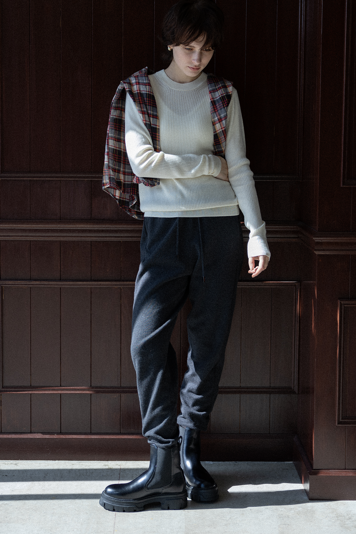 Re Stock Silk cashmere crew neck rib pullover /CT25109