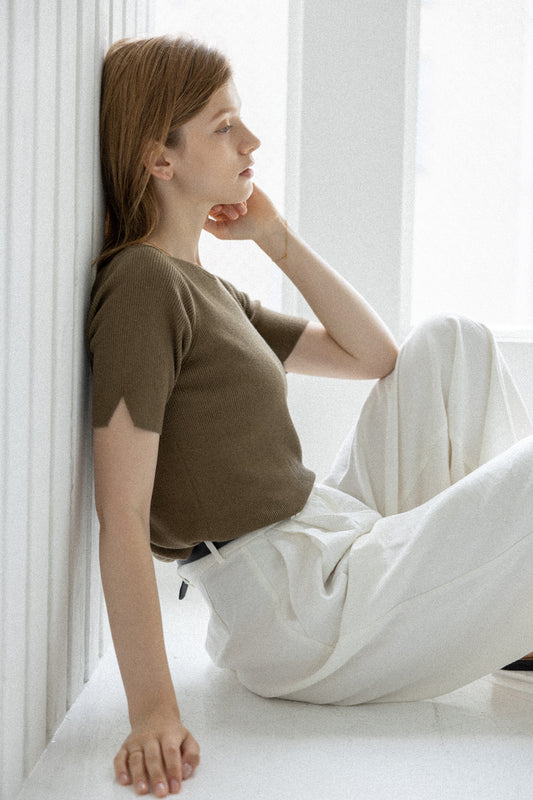 26SS Pull original à manches courtes en coton et soie, avec une fente /CT26116