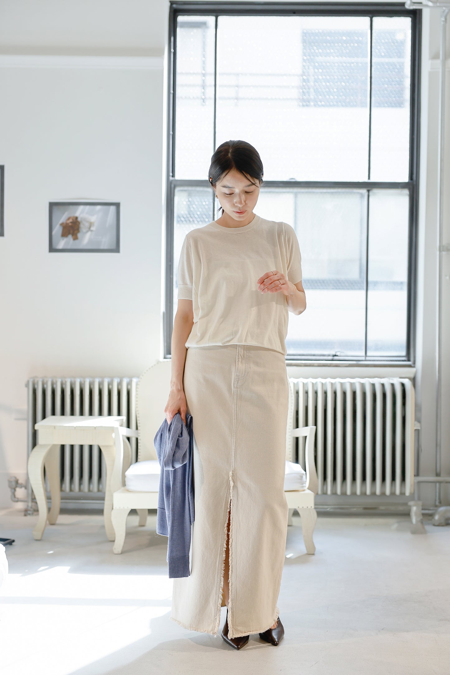 26SS Pull original à demi-manches en coton et soie /CT26117