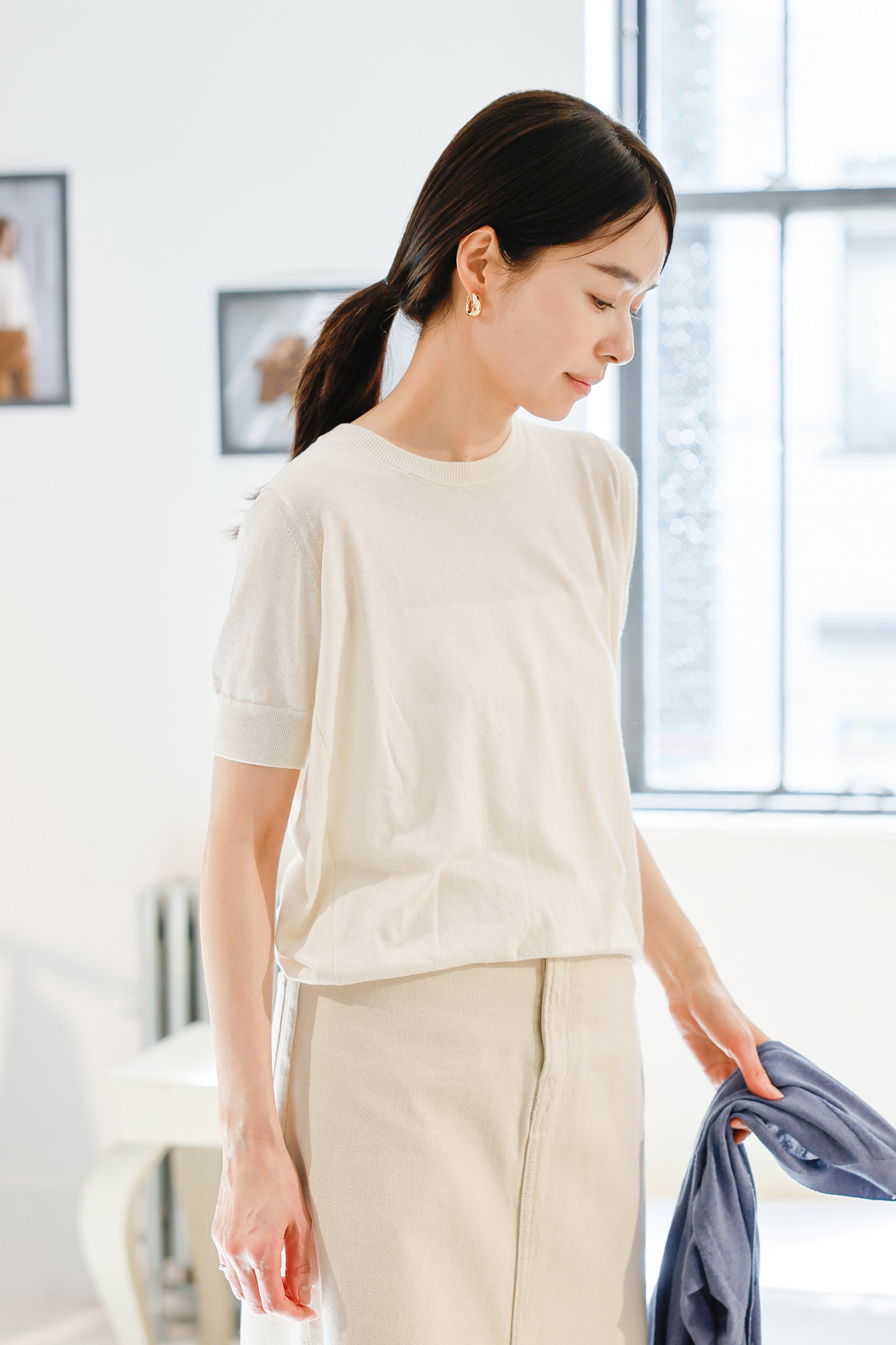 26SS Pull original à demi-manches en coton et soie /CT26117