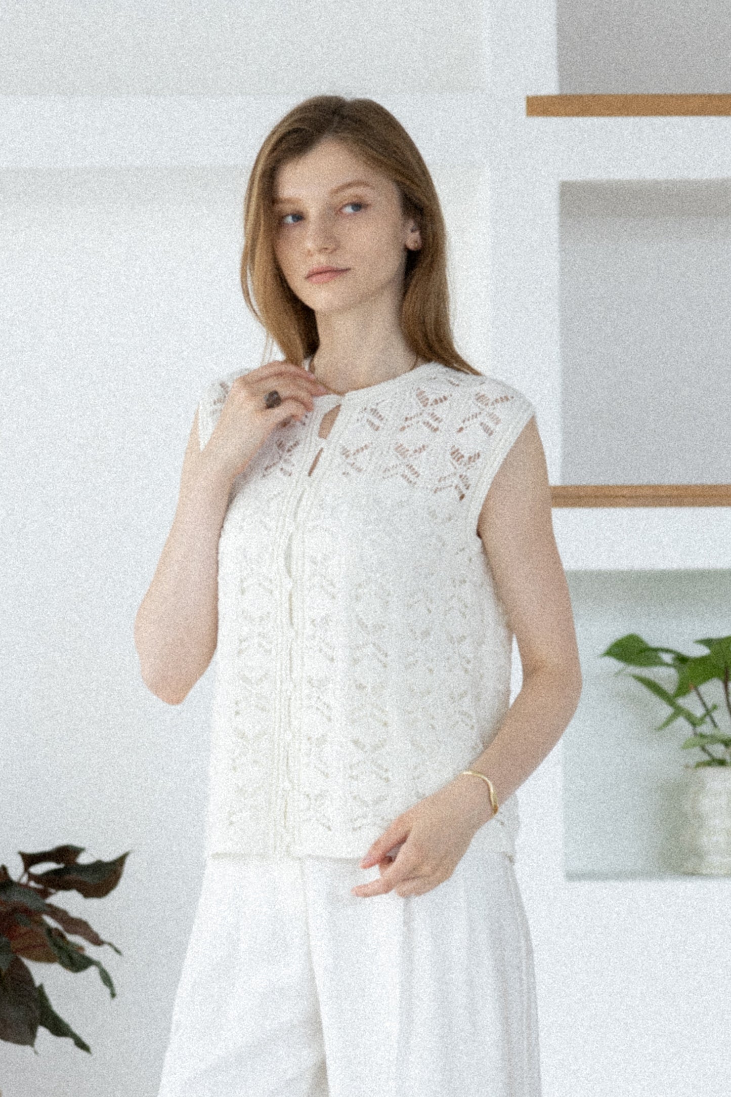 26SS Gilet crocheté en coton et lin /CT26121