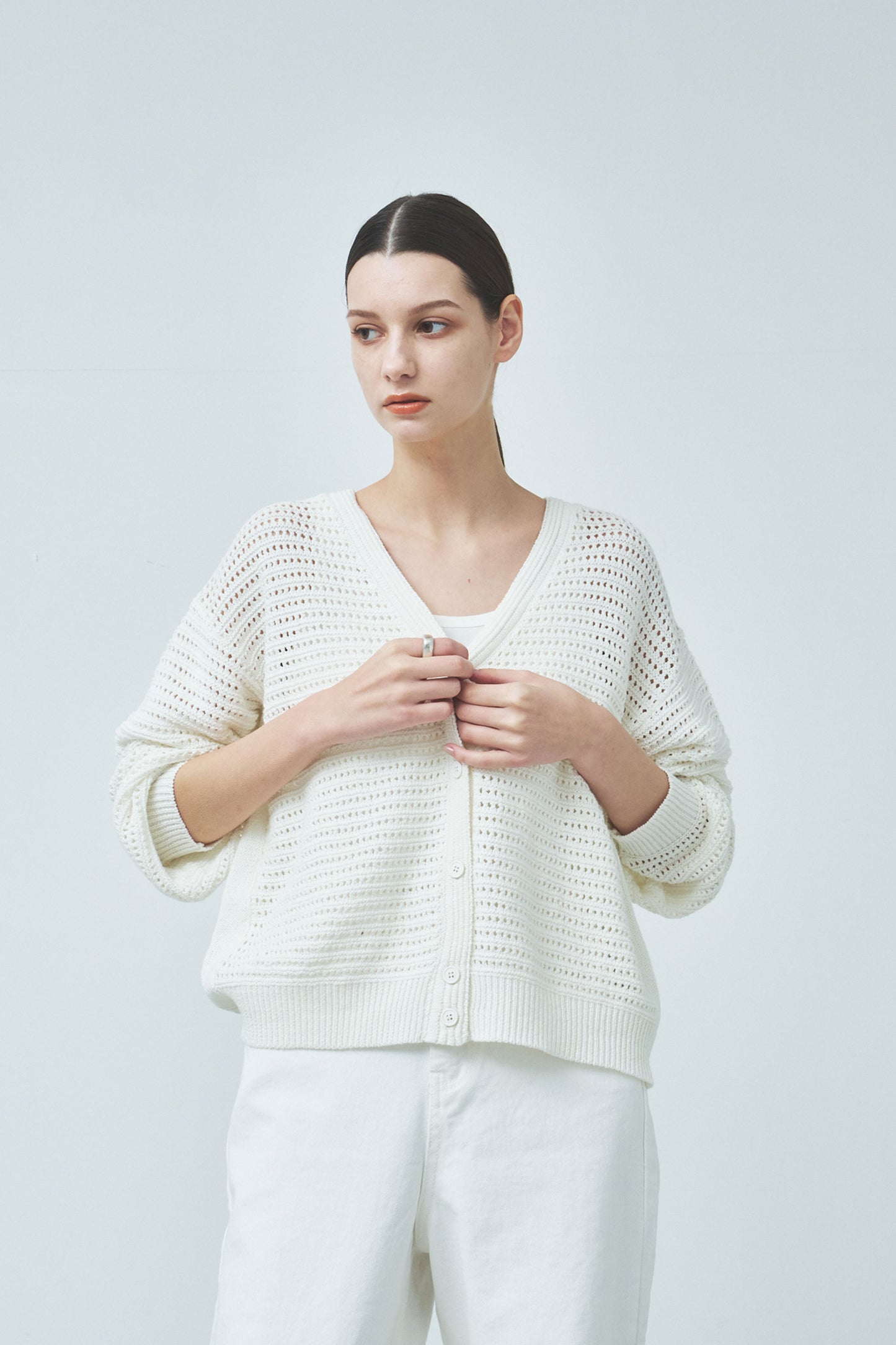 Cotton linen pattern cardigan WHITE/ CT23122